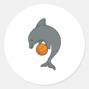 Pegatina Redonda Dophin como jugador de baloncesto con baloncesto