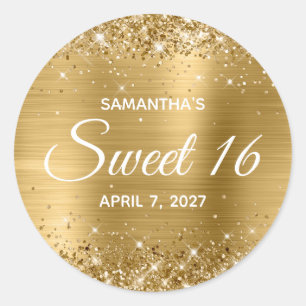 Pegatina Redonda Dorado Brillante con Holografía Sweet 16