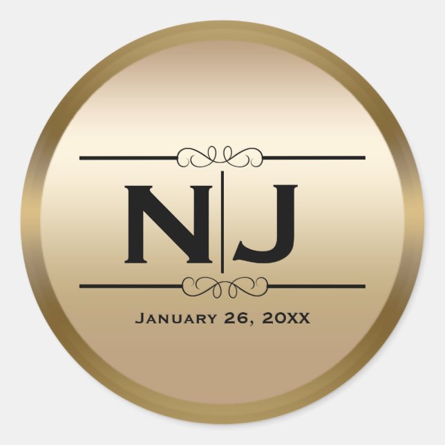 Pegatina Redonda Dorado Elegante Glam Personalizado Monograma Favor (Anverso)