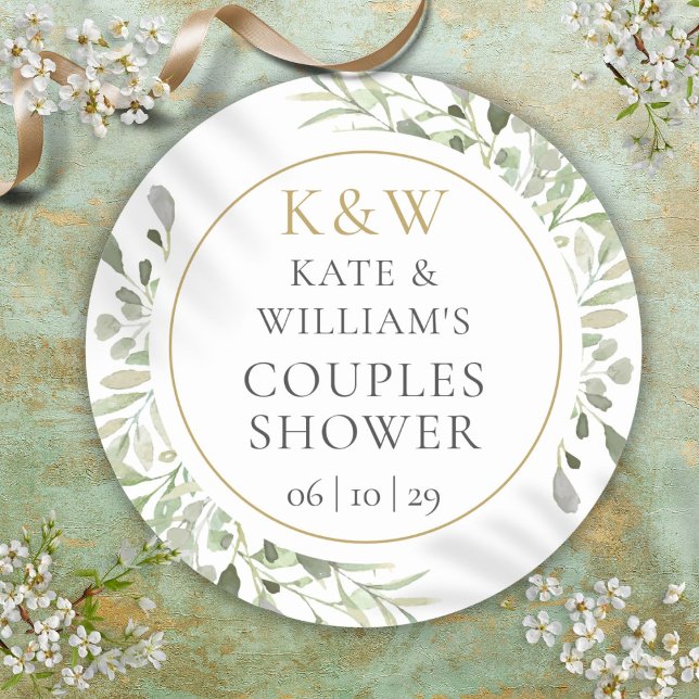 Pegatina Redonda Dorado Monograma Verdor Parejas Ducha Bridal (Gold Monogram Greenery Couples Bridal Shower Classic Round Sticker)