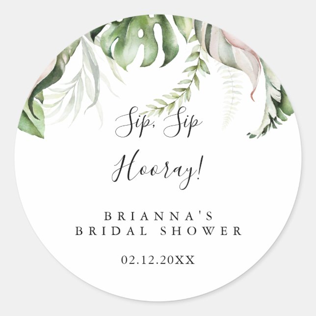Pegatina Redonda Dorado Tropical Green Sip Sip Hooray Bridal Shower (Anverso)