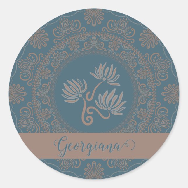 Pegatina Redonda Dorado Verde azulado Rococo Lotus Dot Mandala (Anverso)