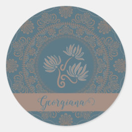 Pegatina Redonda Dorado Verde azulado Rococo Lotus Dot Mandala
