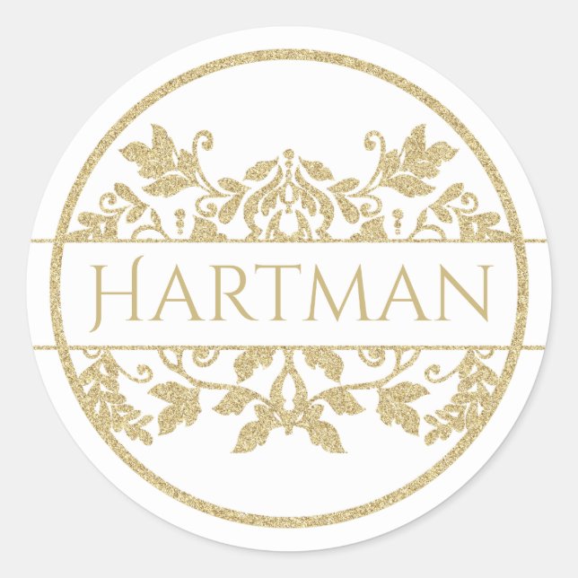 Pegatina Redonda Dorado Vine Floral Damask Emblem White (Anverso)