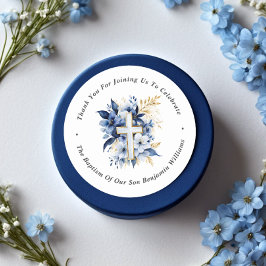 Pegatina Redonda Dorado y bautismo de acuarela azul marino Gracias