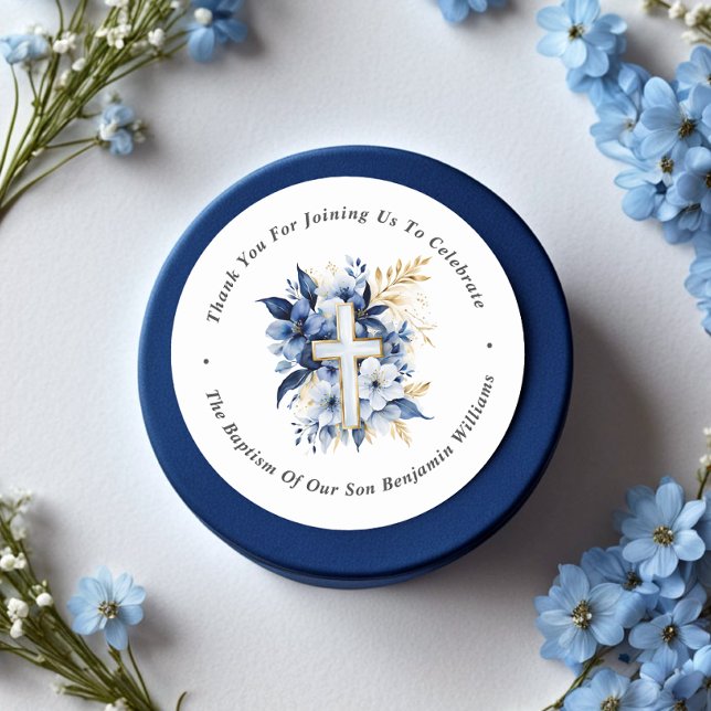 Pegatina Redonda Dorado y bautismo de acuarela azul marino Gracias (Subido por el creador)