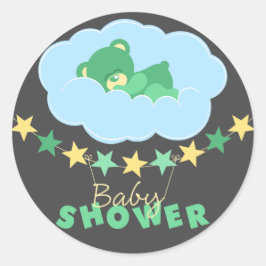 Pegatina Redonda Dormido Oso De Teddy Verde En Nube Baby Shower