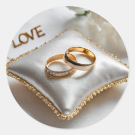 Pegatina Redonda Dos anillos bodas sobre una almohada blanca