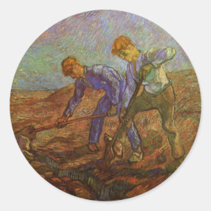 Pegatina Redonda Dos campesinos cavando de Vincent van Gogh