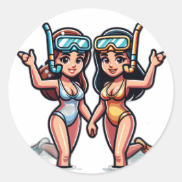 Pegatina Redonda Dos chicas haciendo snorkel