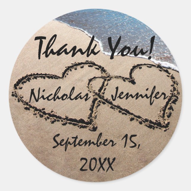 Pegatina Redonda Dos Corazones En La Arena Gracias Seol Pegatinas (Anverso)