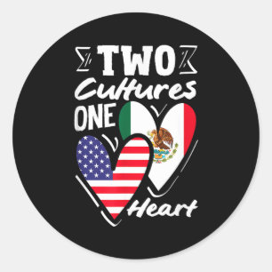 Pegatina Redonda Dos culturas un corazón americano mexicano México