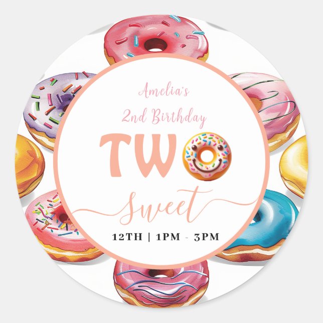 Pegatina Redonda Dos dulces donuts fiesta del segundo cumpleaños (Anverso)