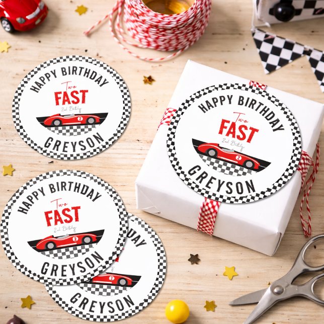 Pegatina Redonda Dos Fiestas del segundo cumpleaños de Fast Race Ca (Two Fast Race Car Boy 2nd Birthday Party Classic Round Sticker
)