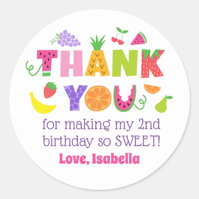 Pegatina Redonda DOS Frutti Segundo Cumpleaños Gracias Pegatinas (Anverso)