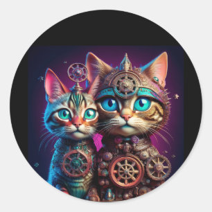 Pegatina Redonda Dos gatitos Steampunk posan
