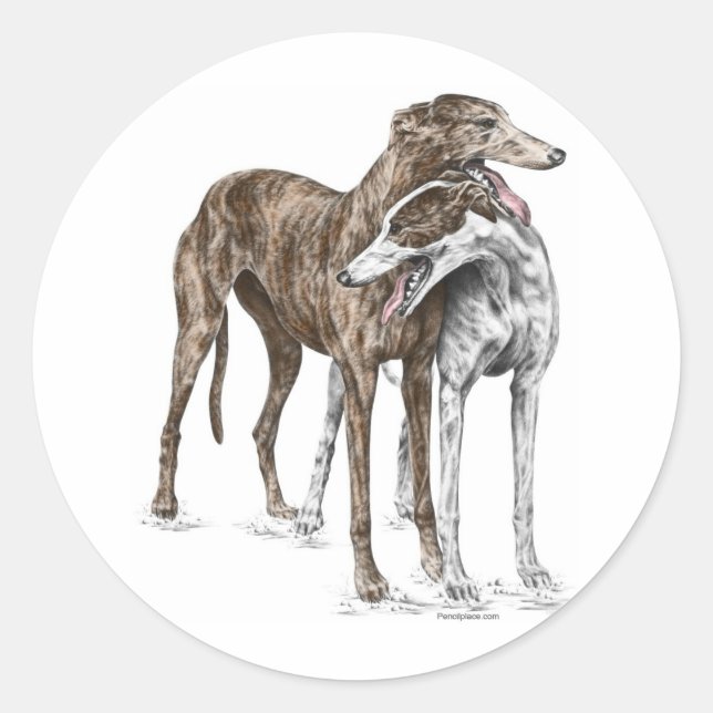 Pegatina Redonda Dos Greyhound Friends Dog Art (Anverso)