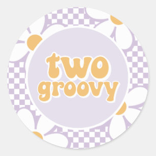 Pegatina Redonda Dos Groovy Purple Daisy Checker
