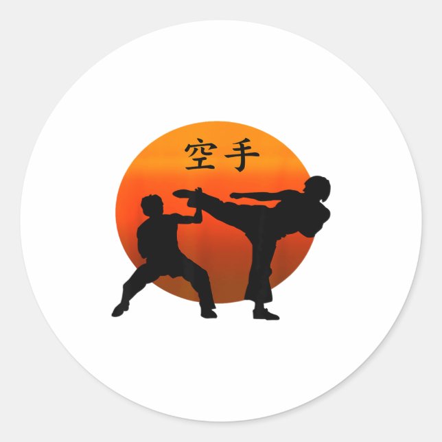 Pegatina Redonda Dos luchadores de karate con sol naciente y camise (Anverso)