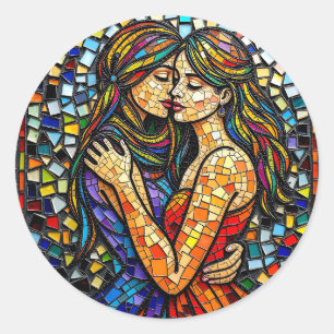 Pegatina Redonda Dos mujeres en mosaico estilo arte ai