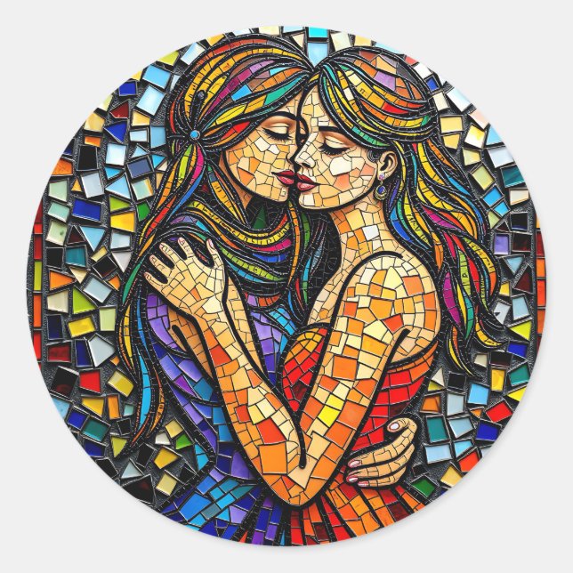 Pegatina Redonda Dos mujeres en mosaico estilo arte ai (Anverso)