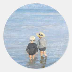 Pegatina Redonda Dos niños remando en Skagen Beach, PS Kroyer