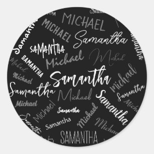 Pegatina Redonda Dos nombres pareja patrón monograma blanco negro