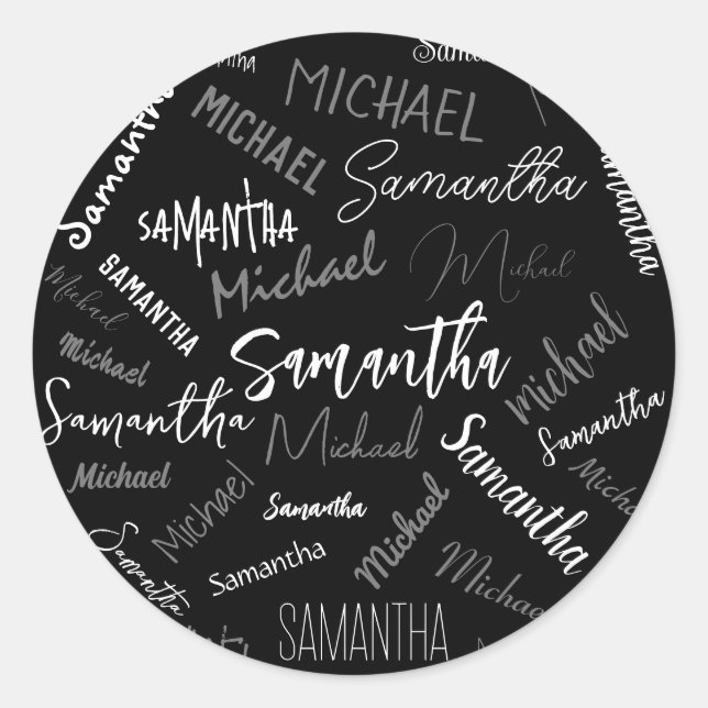 Pegatina Redonda Dos nombres pareja patrón monograma blanco negro (Anverso)