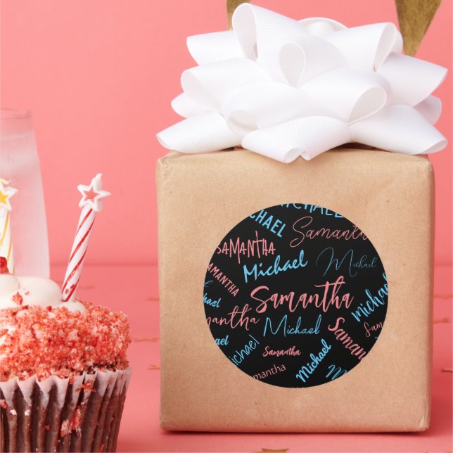 Pegatina Redonda Dos nombres parejas patrón monograma azul claro ro (Fiesta)