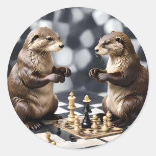 Pegatina Redonda Dos Otras Jugando Ajedrez,