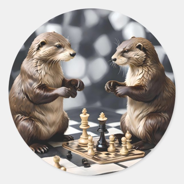 Pegatina Redonda Dos Otras Jugando Ajedrez, (Anverso)