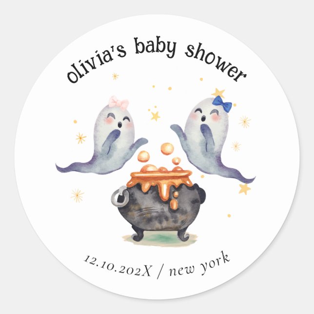 Pegatina Redonda Dos pequeños abucheos fantasma en Baby Shower (Anverso)