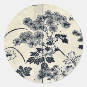 Pegatina Redonda Dos pinares con flores de aguja de Tachibana, Yasu