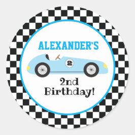 Pegatina Redonda Dos Racecar Rápido Carreras Azul Niño Cumpleaños