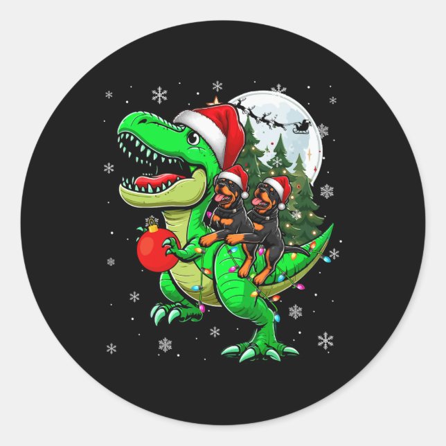 Pegatina Redonda Dos rotuladores navideños que viajan en reno T-rex (Anverso)