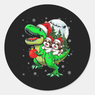 Pegatina Redonda Dos Shih Tzus de Navidad montando Reno T-rex Amant