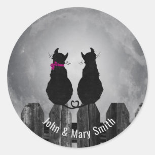 Pegatina Redonda Dos siluetas de gato a la luz de la luna