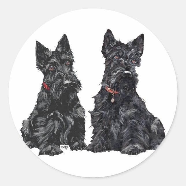 Pegatina Redonda Dos Terriers Escoceses Negros (Anverso)