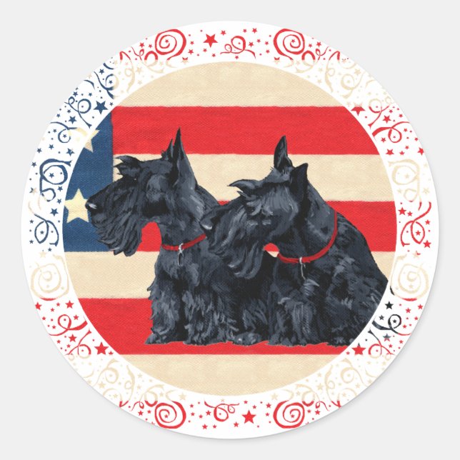 Pegatina Redonda Dos Terriers Escoceses Patrióticos (Anverso)
