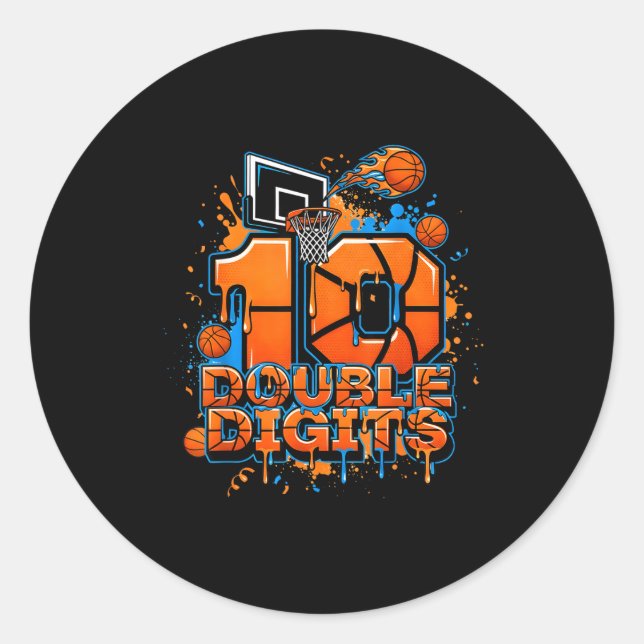 Pegatina Redonda Double Digits Birthday 10 Year Old Boy Basketball  (Anverso)