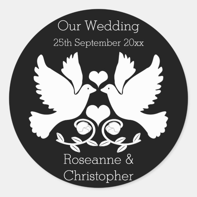 Pegatina Redonda Doves Boda Blanco y Negro (Anverso)