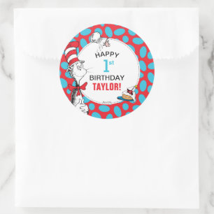 Pegatina Redonda Dr. Seuss   Gato en cumpleaños Gorra