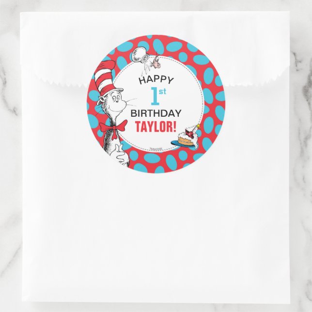 Pegatina Redonda Dr. Seuss | Gato en cumpleaños Gorra (Bolso)