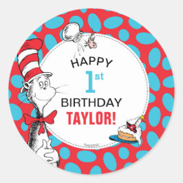 Pegatina Redonda Dr. Seuss | Gato en cumpleaños Gorra