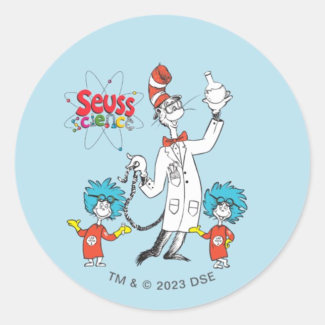 Pegatina Redonda Dr. Seuss | Gato en el Gorra busca ciencia (Anverso)