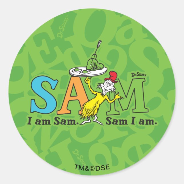 Pegatina Redonda Dr. Seuss | Soy Sam. Sam soy yo. (Anverso)