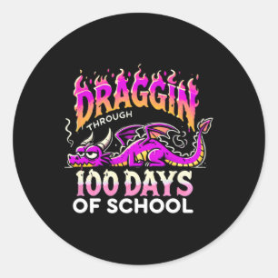 Pegatina Redonda Dragón 100 Días Escolares Feliz 100 Día Del Colegi
