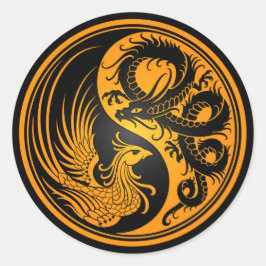 Pegatina Redonda Dragón amarillo y negro Phoenix Yin Yang