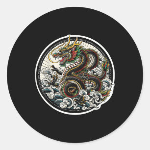 Pegatina Redonda Dragón asiático Verde Afortunado Tatuaje diseño co
