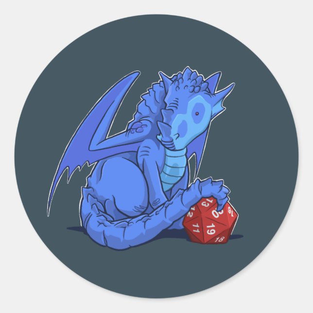 Pegatina Redonda Dragón azul D20 (Anverso)